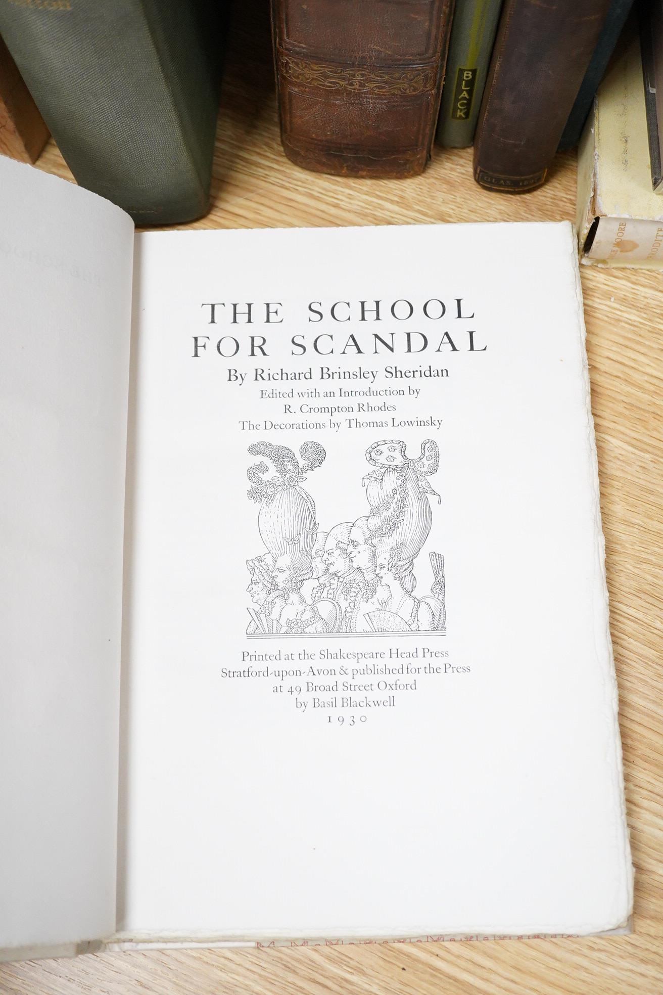Johnson English Dictionary 1828 and other works : Sheridan School for Scandal, More Aphrodire in Aulis vellum bound in slipcase, Gray’s Elegy, Homes Haunts Walter Scott, Dickens and His Illustrators, Dickens His Tragedy
